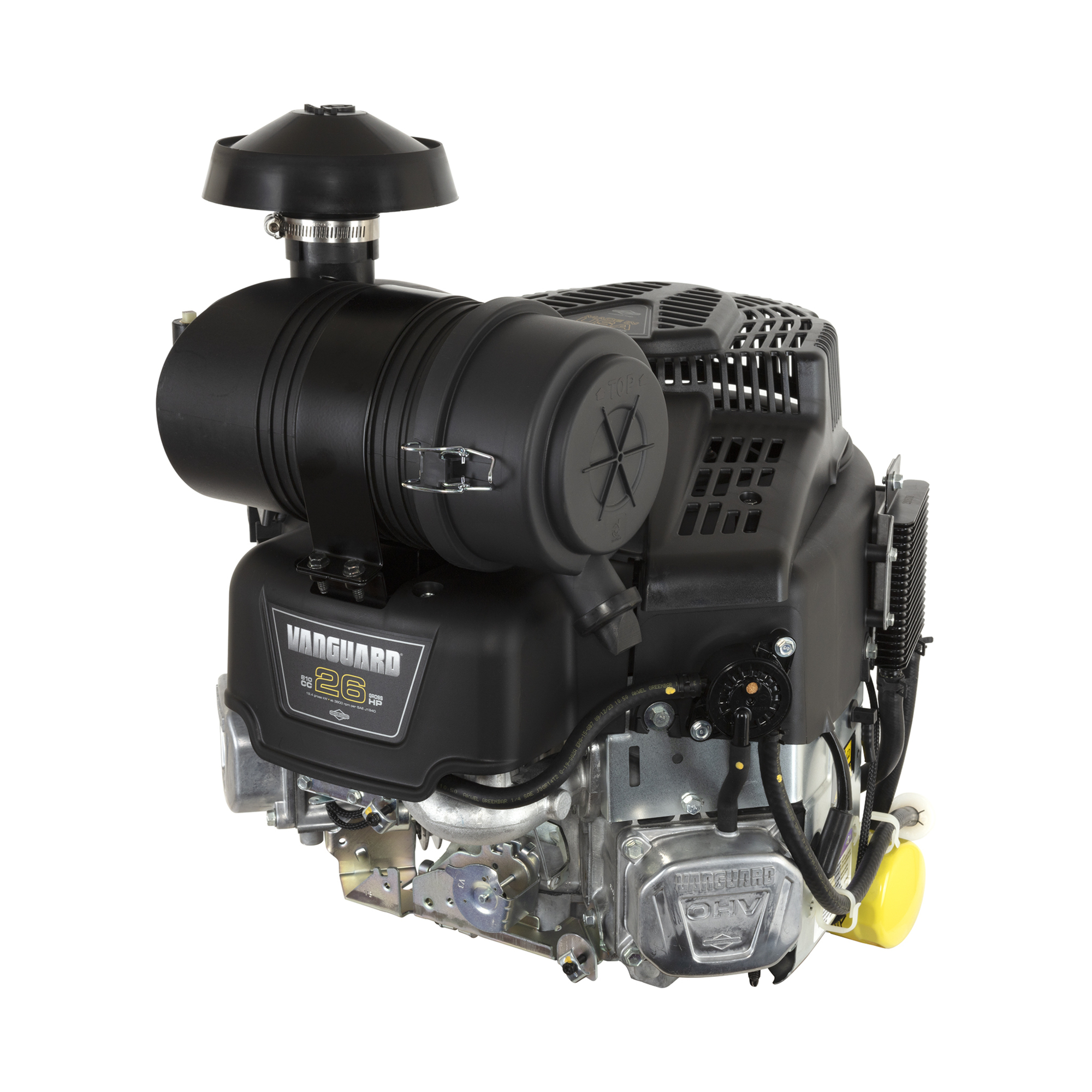 26.0 GHP Vanguard Vertical Shaft Engine, 810cc,  1-1/8" x 4-19/64" Crankshaft, Tapped 7/16-20, 1/4" Keyway, 12V Electric Start, 16A Alternator, Cyclonic Filtration, Model# 49R977-0029-Z1
